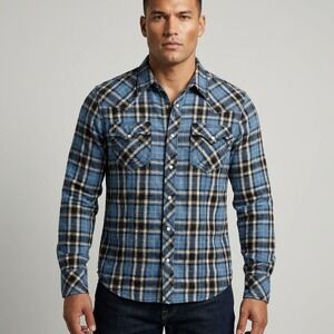 True Religion Mens XXL Blue Plaid Flannel Western Pearl Snap Shirt MP4BL68VYFK
